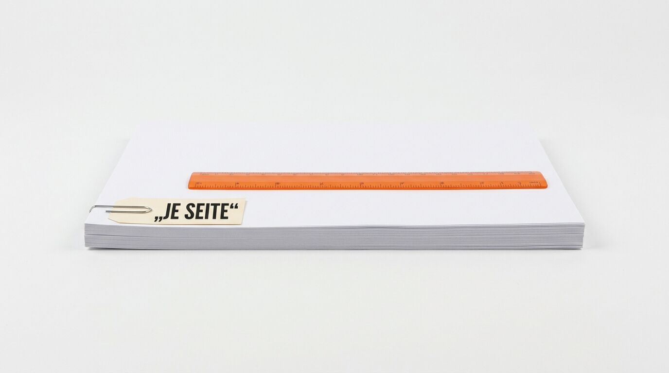 Papierstapel mit Lineal und Etikett „JE SEITE“ in Seitenansicht auf weißem Hintergrund