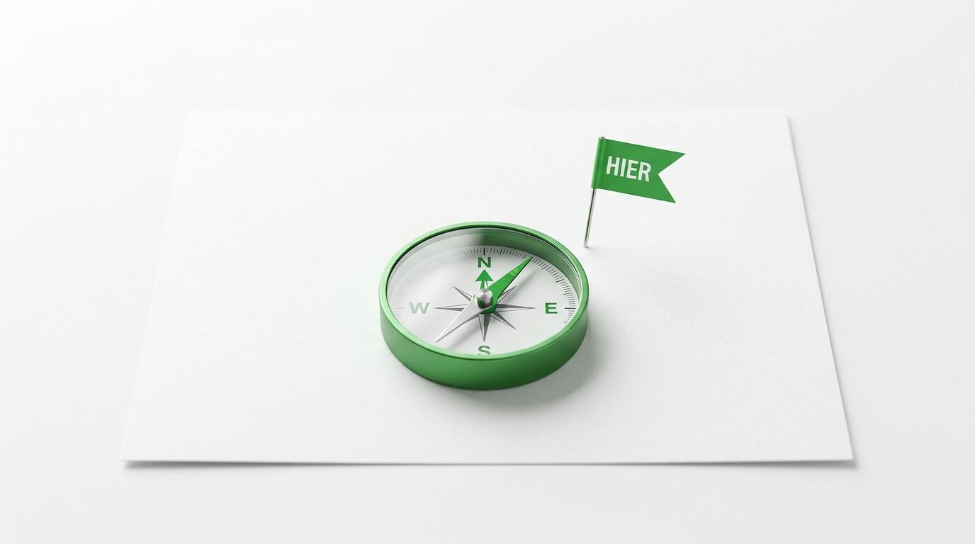 Grüner Kompass und grüne Fahne mit Text „HIER“ auf weißem Papier