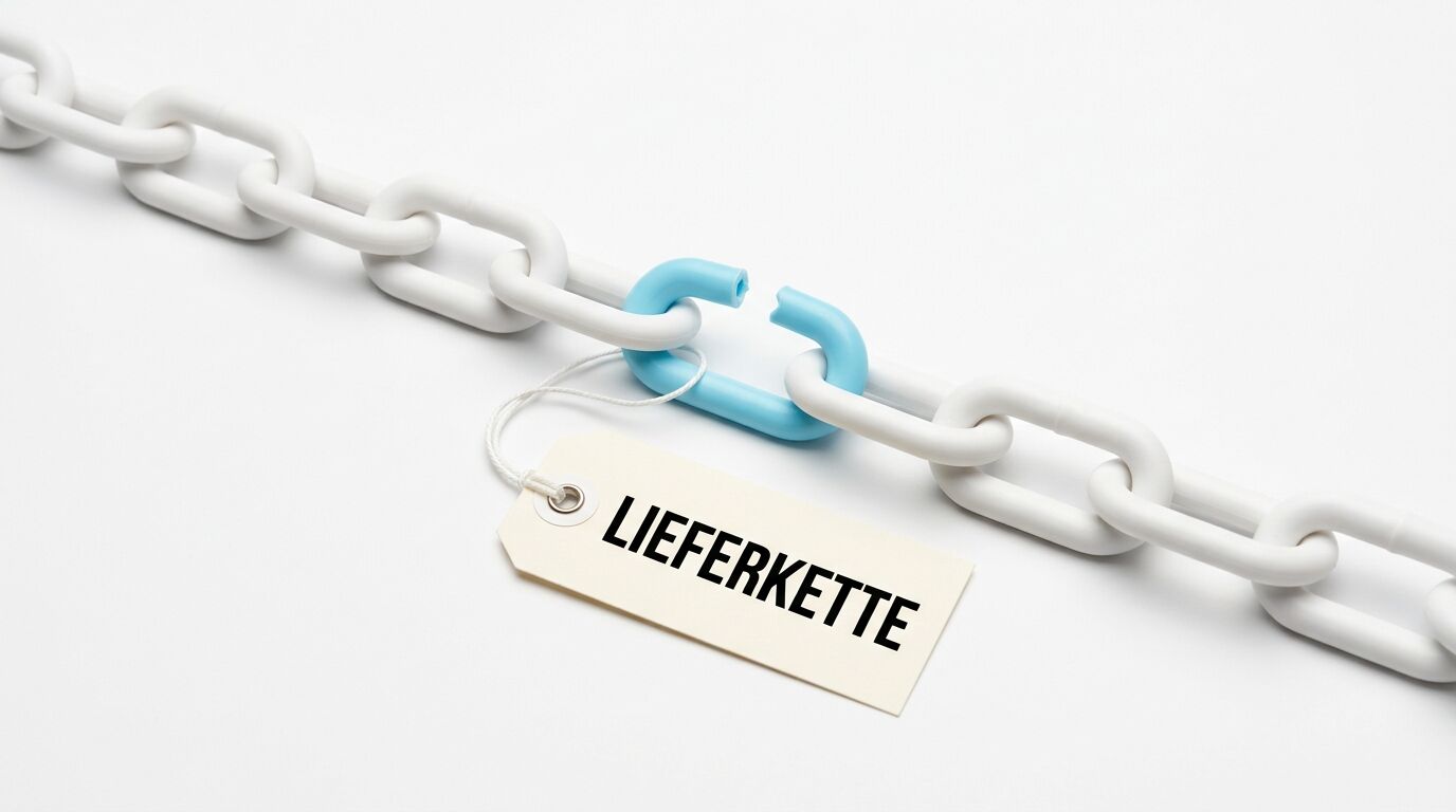 Kette mit unterbrochenem blauen Glied und Anhänger „LIEFERKETTE“ auf Weiß