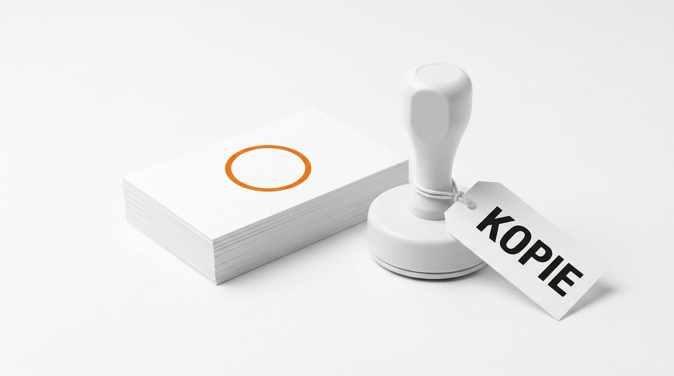 Ein Stapel Visitenkarten mit einem orangenen Kreis und ein Stempel mit einem Etikett „KOPIE“