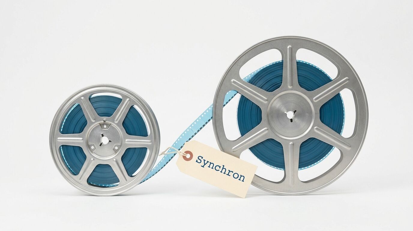 Zwei Filmspulen mit blauem Filmband und Anhänger mit der Aufschrift Synchron auf weißem Grund