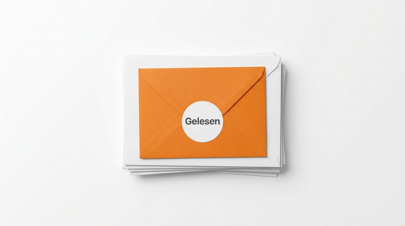 Ein oranger Umschlag mit weißem „Gelesen“-Sticker liegt auf einem Stapel weißer Umschläge
