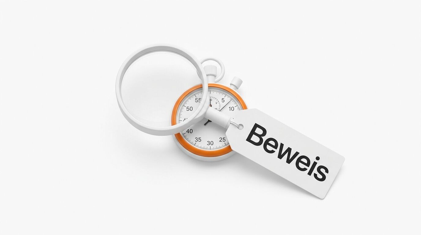 Stoppuhr mit Lupe und einem Anhänger mit der Aufschrift „Beweis“ auf weißem Hintergrund