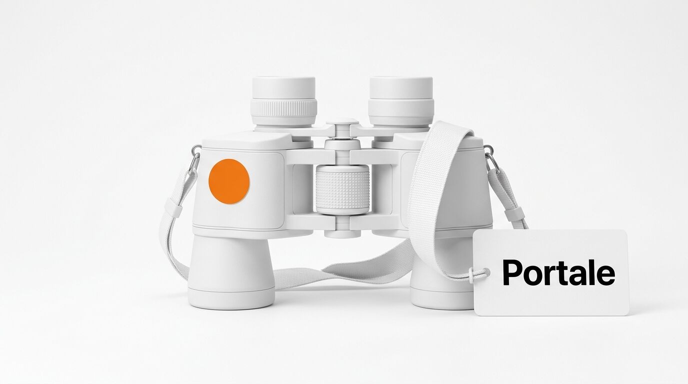 Weißes Fernglas mit orangefarbenem Punkt und Anhänger mit der Aufschrift „Portale“