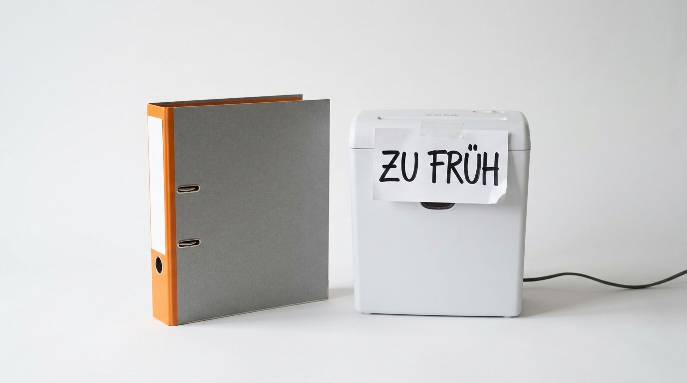 Ordner, weißer Aktenvernichter mit handgeschriebenem Zettel „ZU FRÜH“