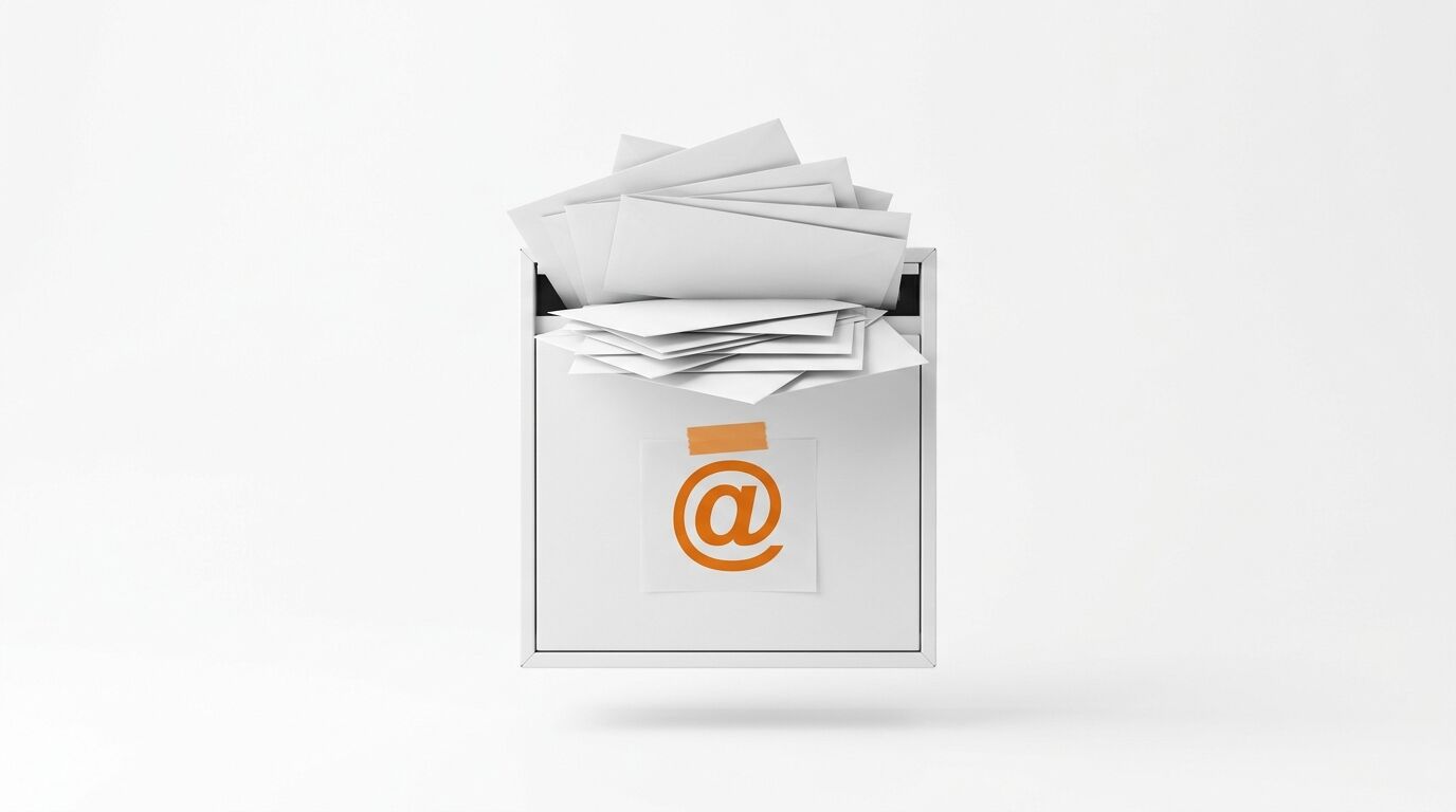 Ein weißer Briefkasten quillt über mit Briefen; ein orangefarbenes @-Symbol klebt an seiner Front