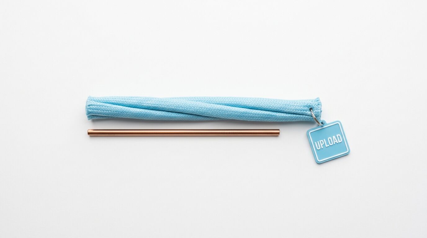 Draufsicht kupferfarbener Strohhalm, blaues Etui mit „UPLOAD“-Anhänger, weißer Hintergrund
