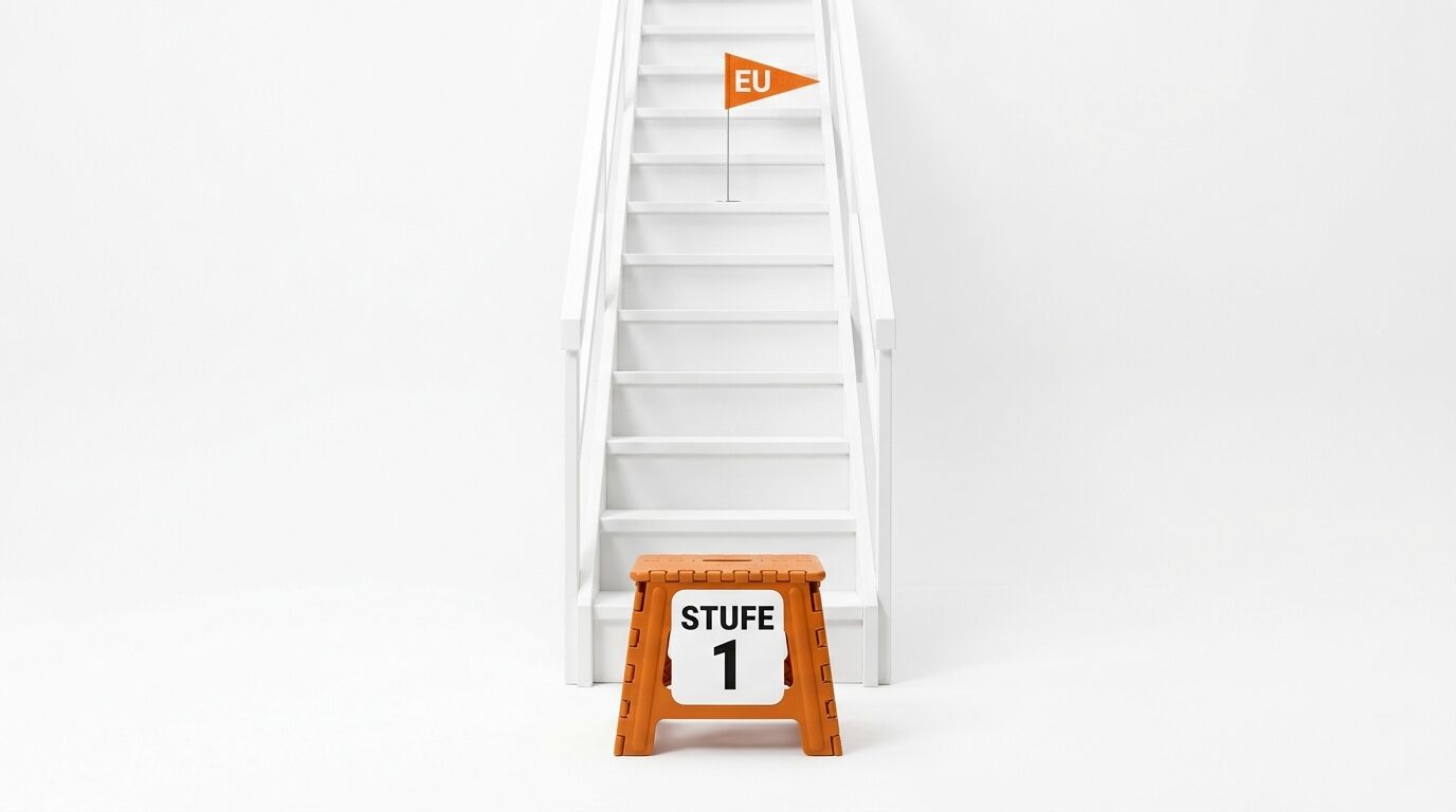 Weiße Treppe mit orangefarbenem Hocker (Stufe 1) davor und orangefarbener EU-Fahne oben