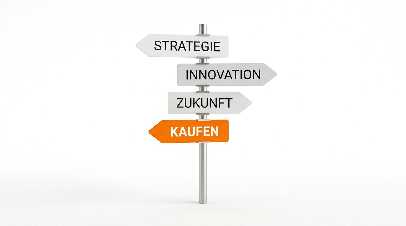 Ein Wegweiser mit Pfeilschildern: Strategie, Innovation, Zukunft (weiß) und Kaufen (orange)