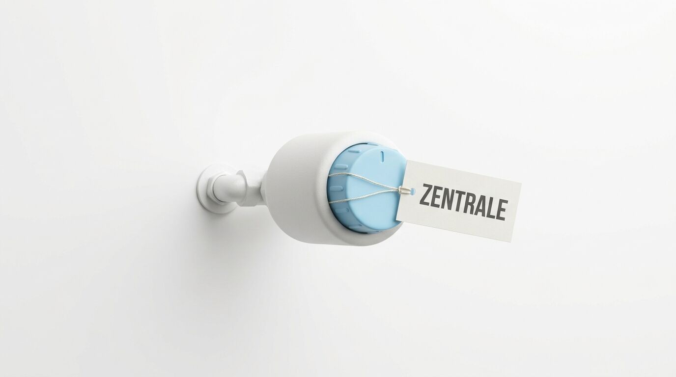 Drehregler an weißer Wand mit angehängtem Schild, beschriftet mit „ZENTRALE“