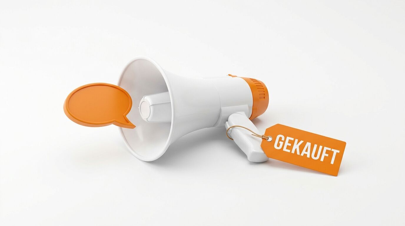 Ein weiß-oranges Megafon, eine Sprechblase und ein Schild mit der Aufschrift „GEKAUFT“ in Orange