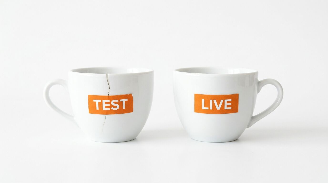 Zwei weiße Tassen vor weißem Hintergrund; linke Tasse gesprungen, Aufschrift TEST; rechte Tasse ganz, LIVE