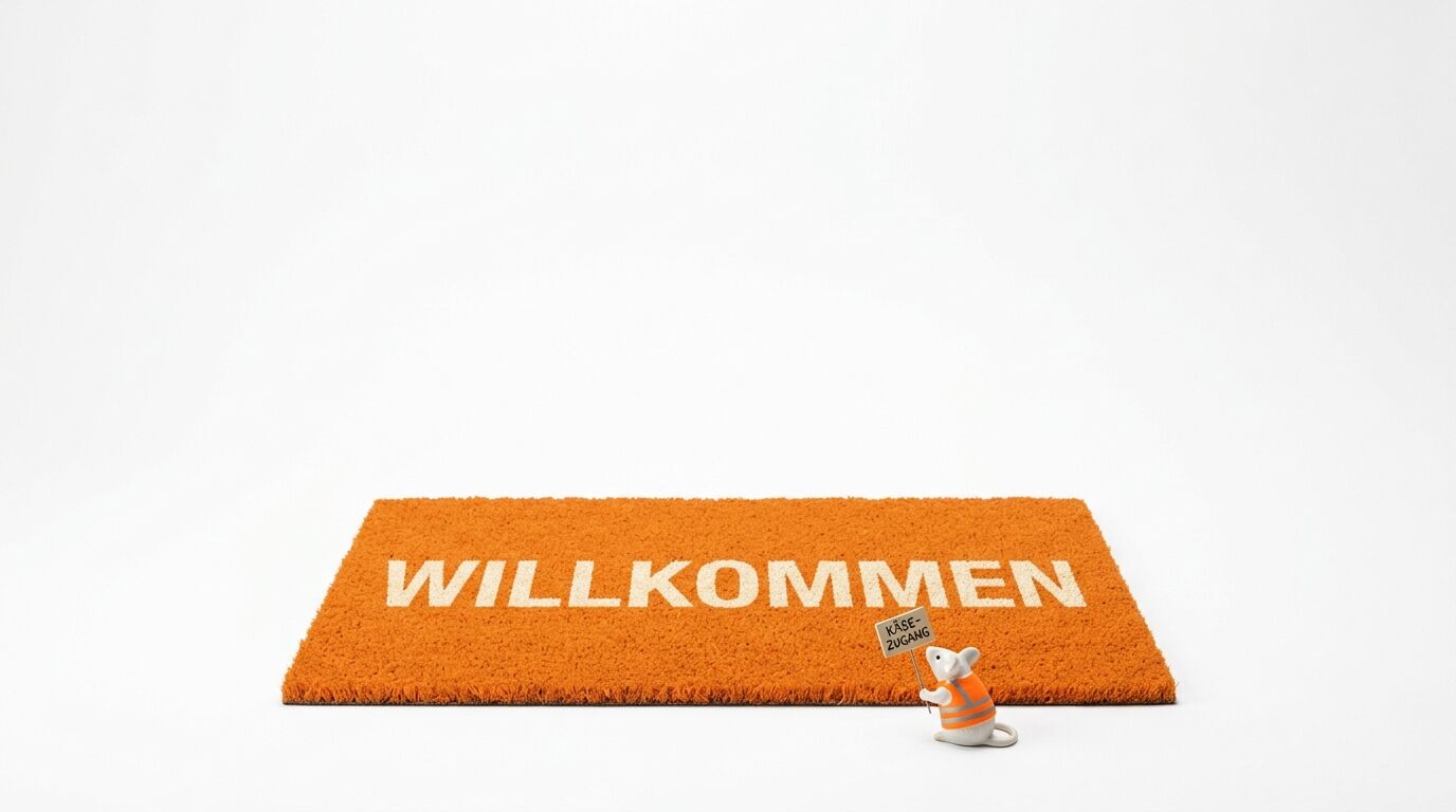 Orangene Fußmatte mit „WILLKOMMEN“, rechts davor Maus mit Warnweste und „KÄSE-ZUGANG“-Schild