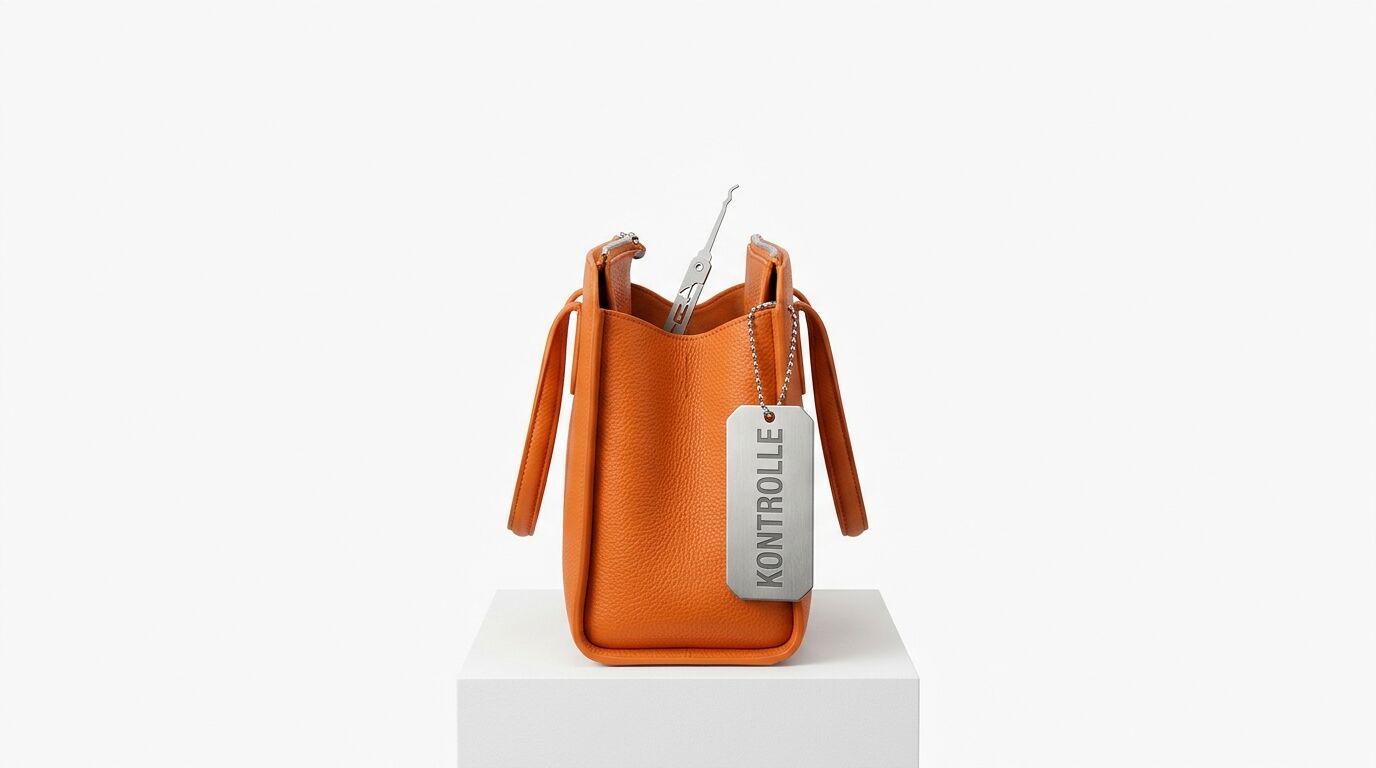 Orangefarbene Ledertasche mit herausragender Zange und „Kontrolle“-Schild auf Podest