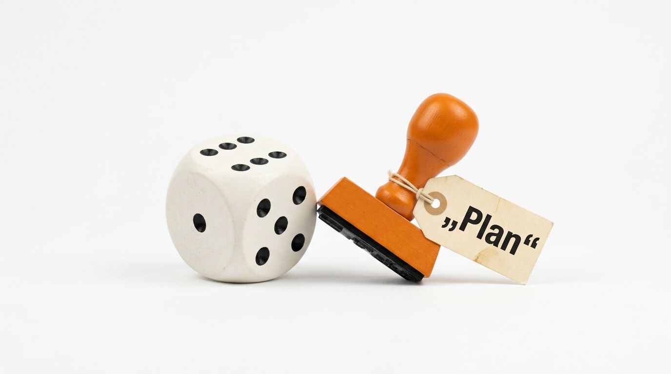 Ein weißer Würfel und ein Holzstempel mit einem Anhänger mit der Aufschrift „Plan“