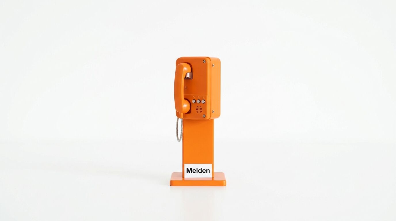 Oranges Notruftelefon mit der Aufschrift „Melden“ auf weißem Hintergrund