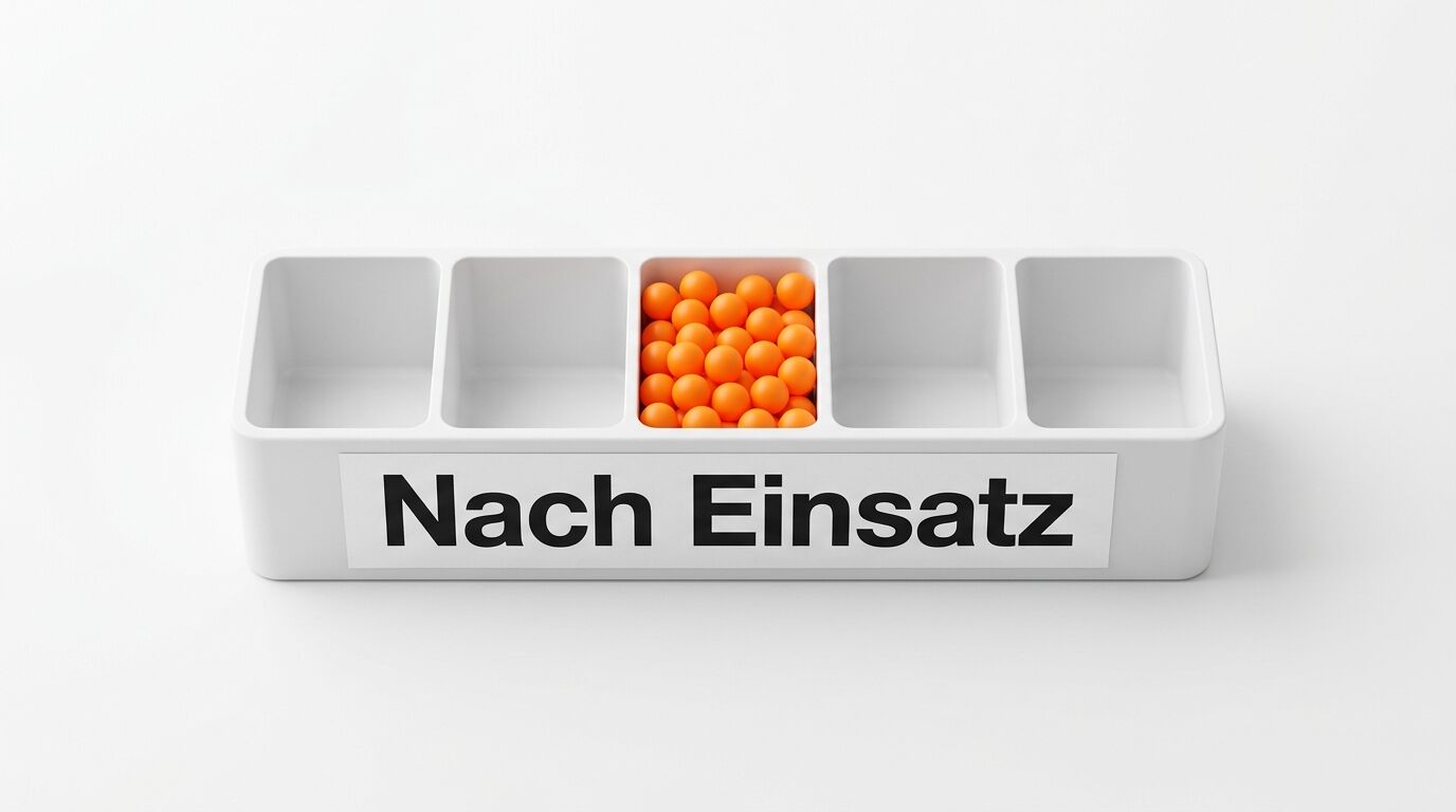 Weiße Box mit fünf Fächern, das mittlere voll orangefarbener Kugeln, Text „Nach Einsatz“ vorne