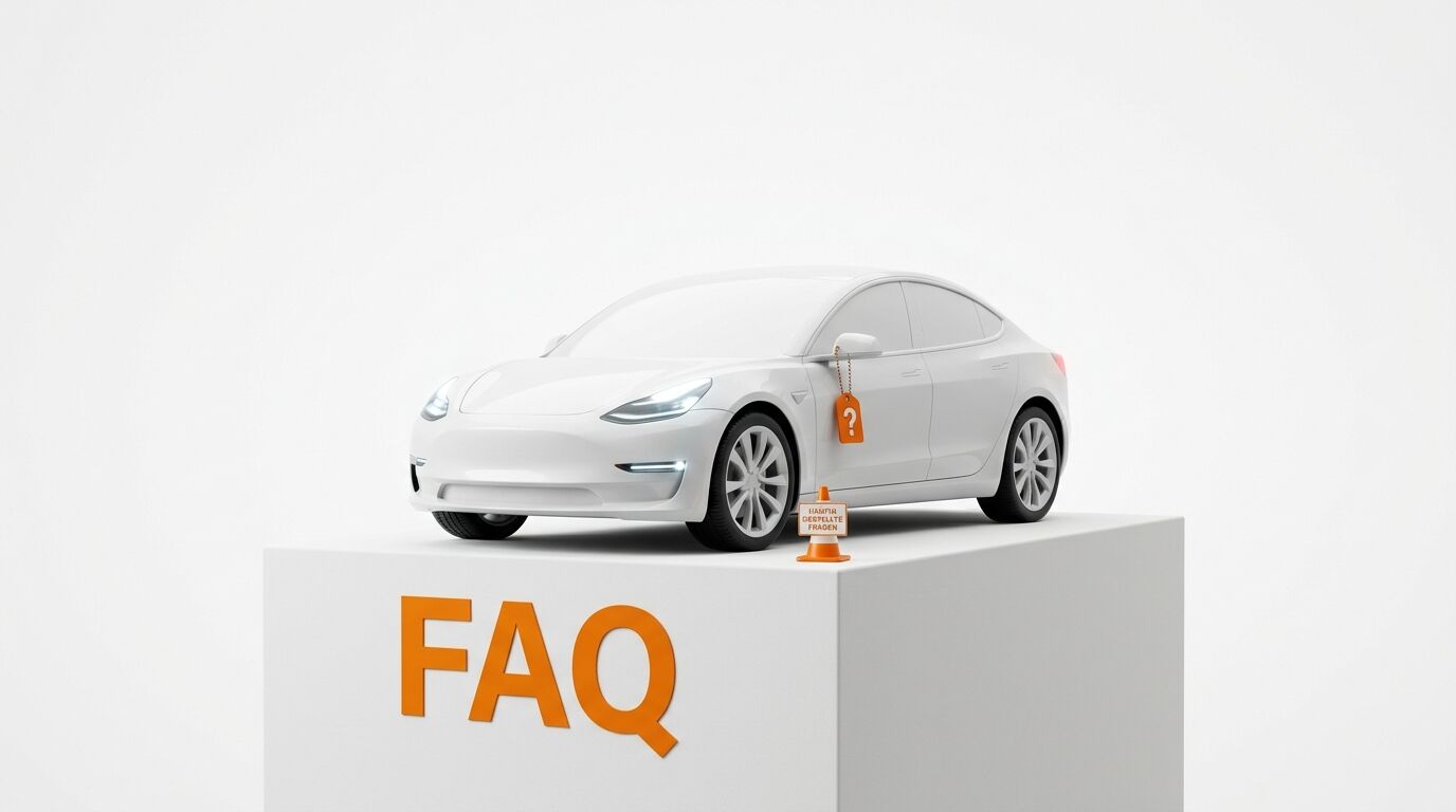 Weißes Auto auf einem FAQ-Block, dazu ein Pylon und ein Fragezeichen-Anhänger