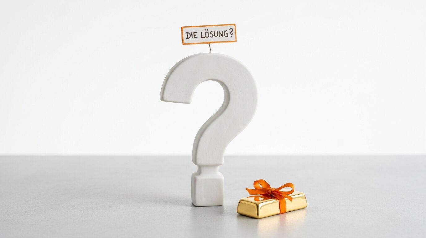 Weißes Fragezeichen mit Schild „DIE LÖSUNG?“ und Goldbarren mit orangefarbener Schleife