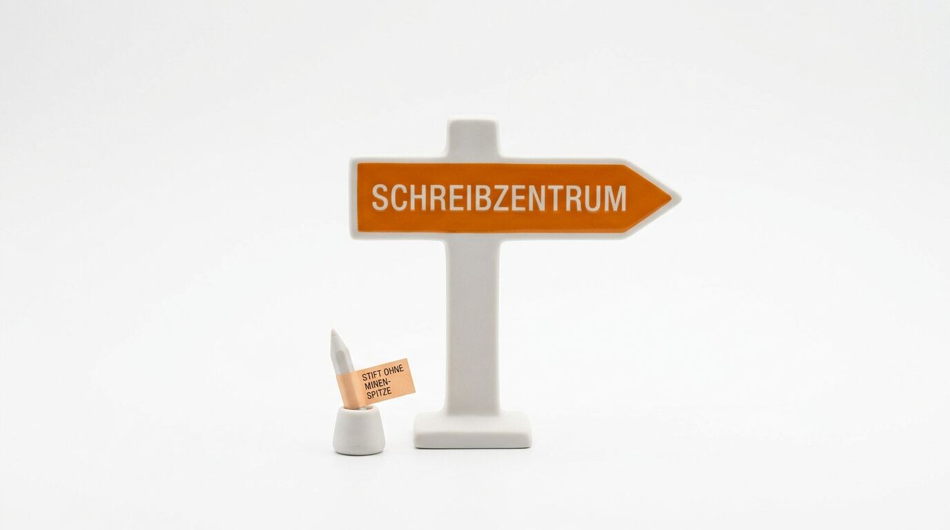 Schreibzentrum Wegweiser-Figur und ein Stifthalter mit beschrifteter Fahne vor weißem Grund