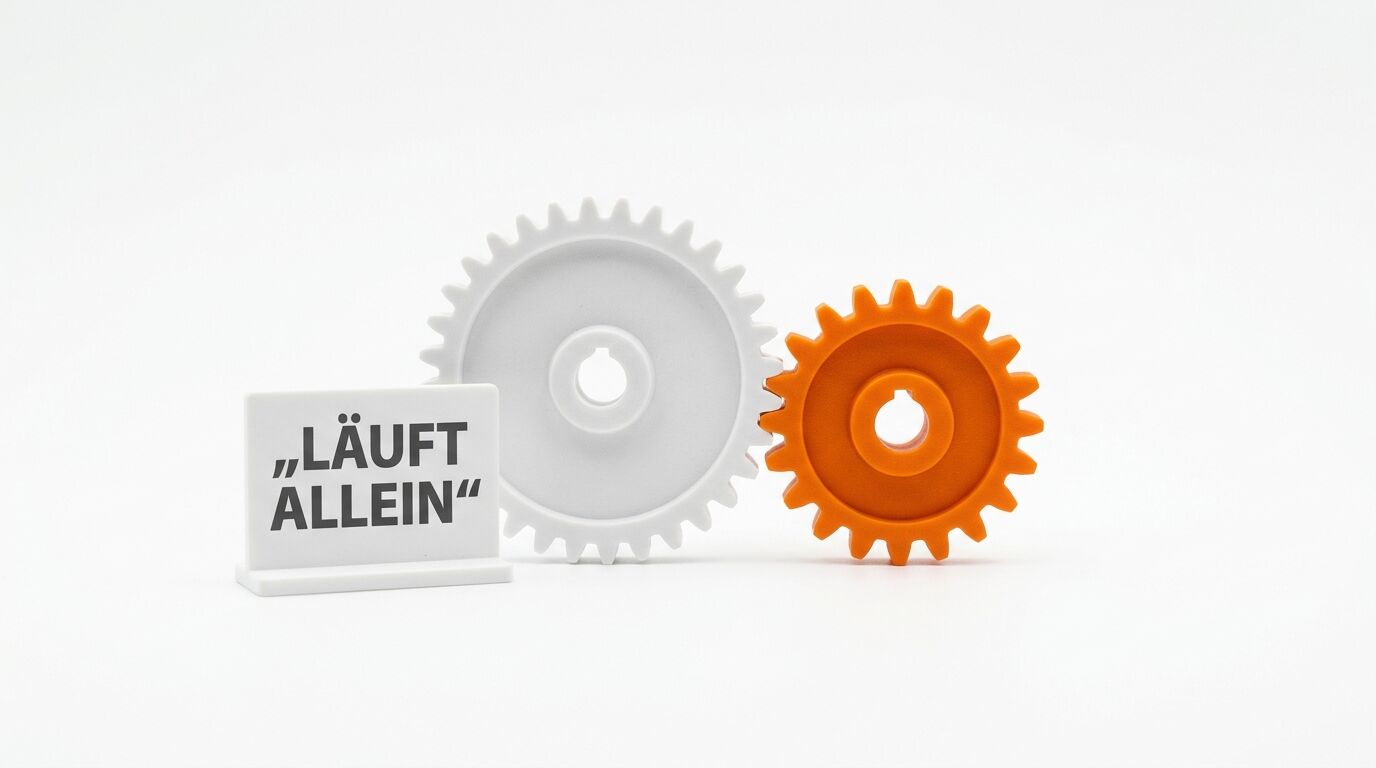 Zwei Zahnräder, weiß und orange, neben einem Schild mit der Aufschrift „LÄUFT ALLEIN“