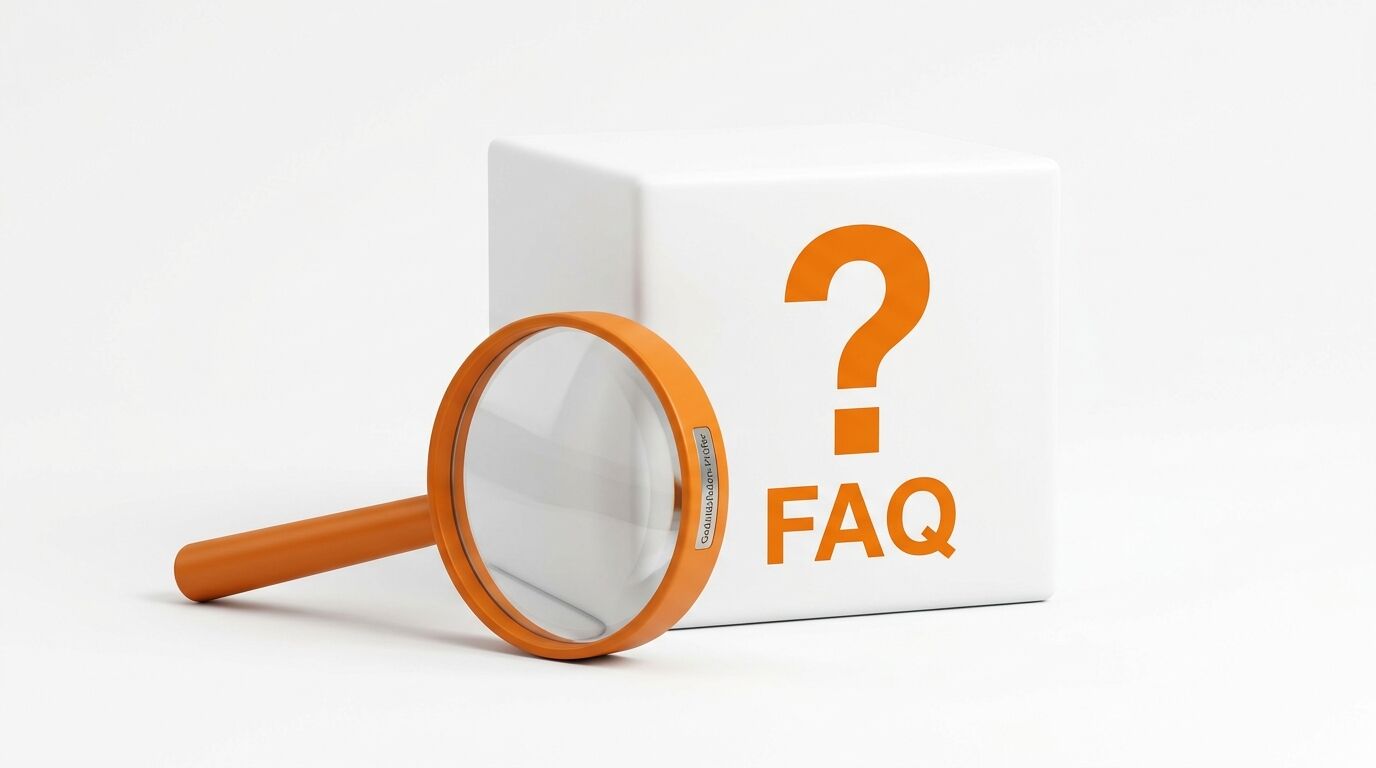 Oranges Fragezeichen und FAQ auf weißem Würfel, davor eine orange Lupe