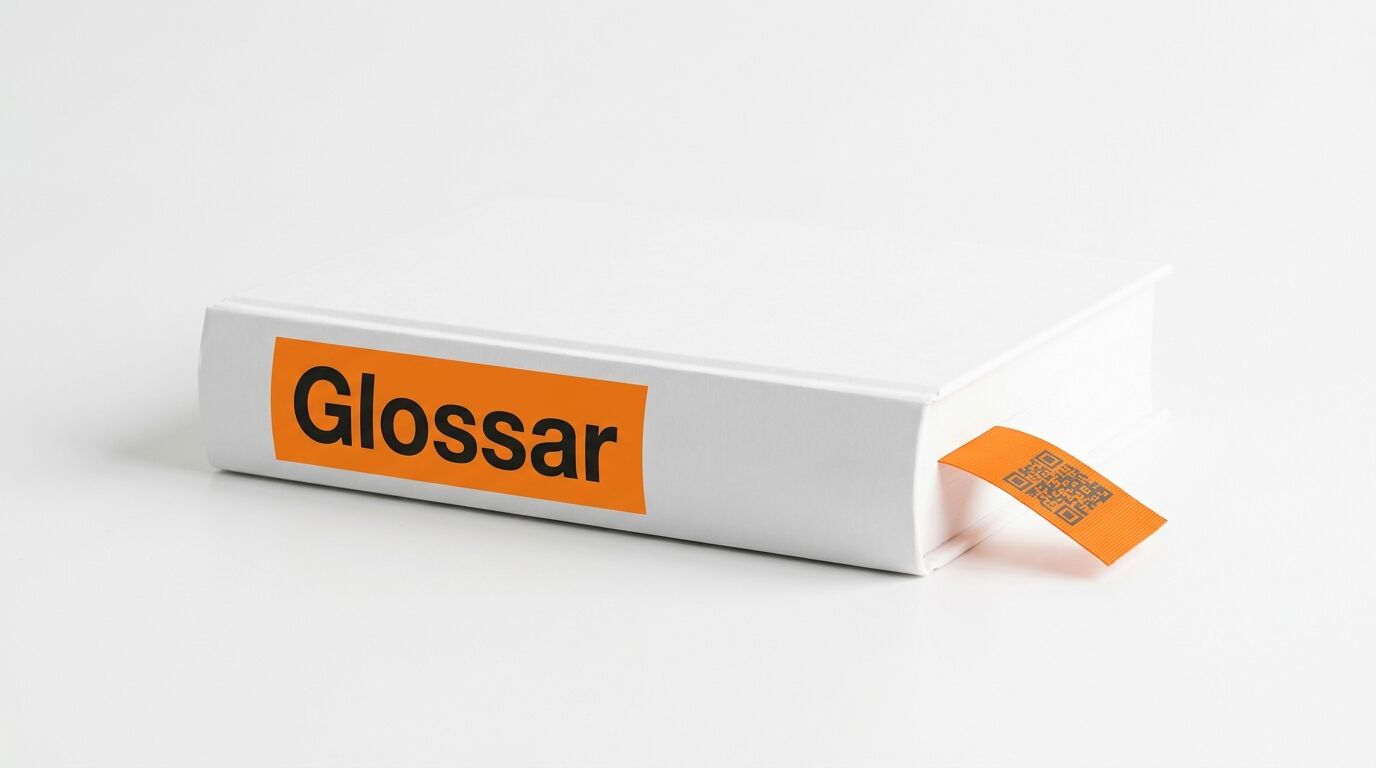 Ein weißes Buch mit orangefarbenem Aufkleber „Glossar“ und einem QR-Code-Lesezeichen