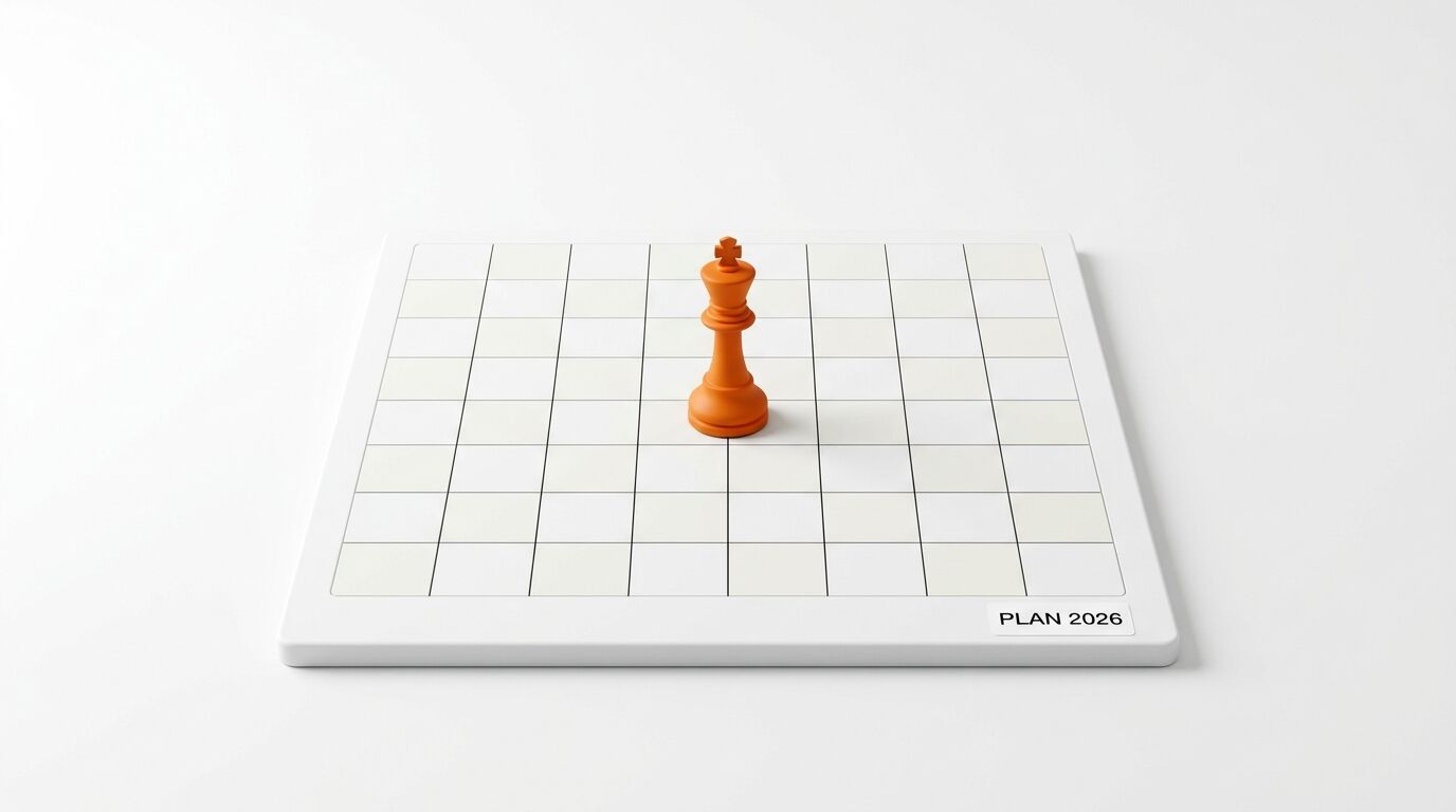 Orangener Schachkönig auf weißem Brett, Aufschrift „PLAN 2026“, weißer Hintergrund