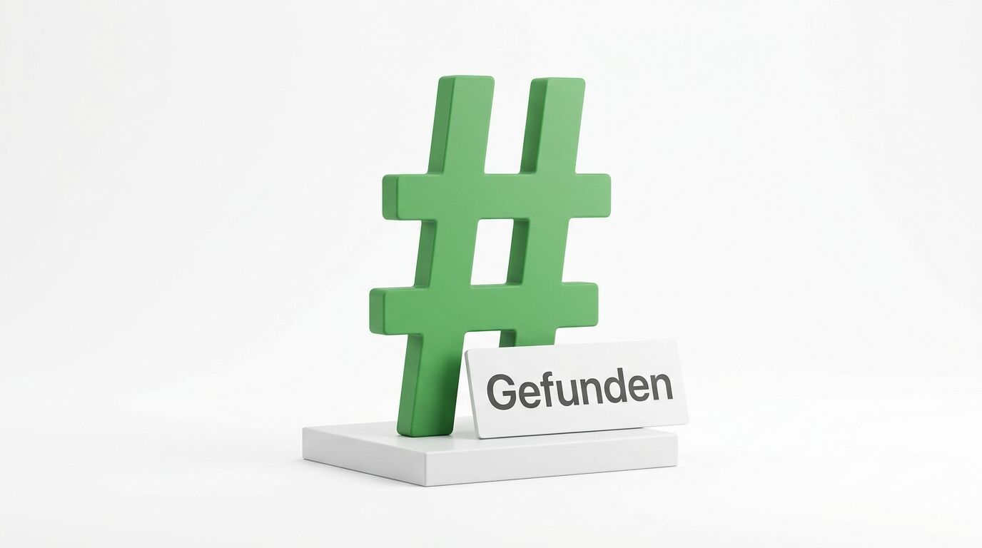 Grünes Hashtag-Symbol auf Sockel mit Schild, darauf steht „Gefunden“