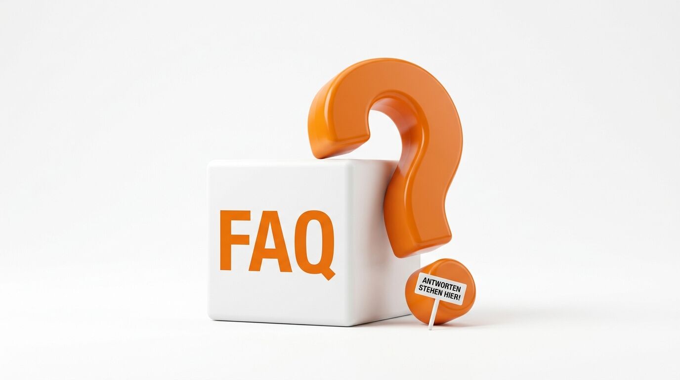 FAQ-Würfel mit großem, orangefarbenem Fragezeichen und kleinem Hinweisschild