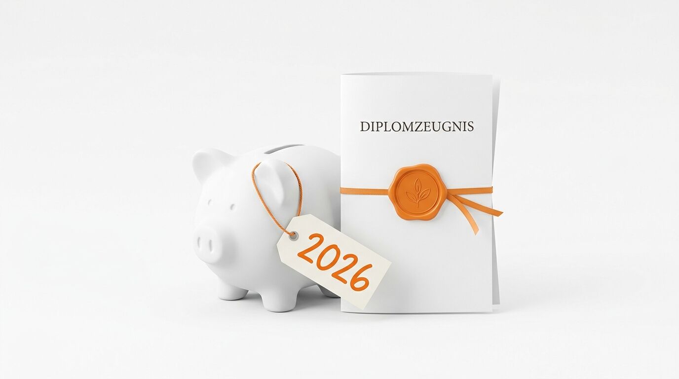 Weißes Sparschwein mit „2026“-Anhänger neben einem versiegelten „Diplomzeugnis“-Dokument