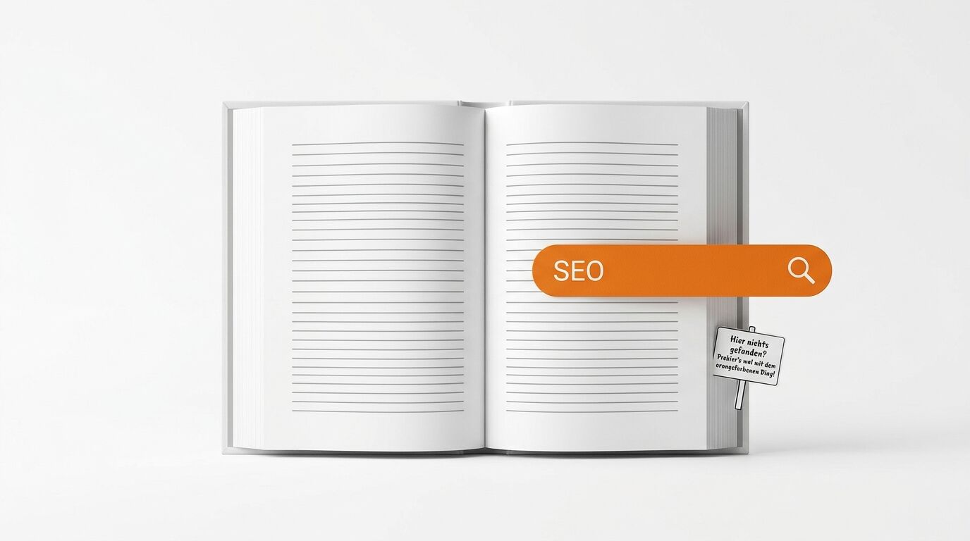 Geöffnetes lininiertes Buch mit SEO-Suchleiste und Hinweisschild vor hellem Hintergrund
