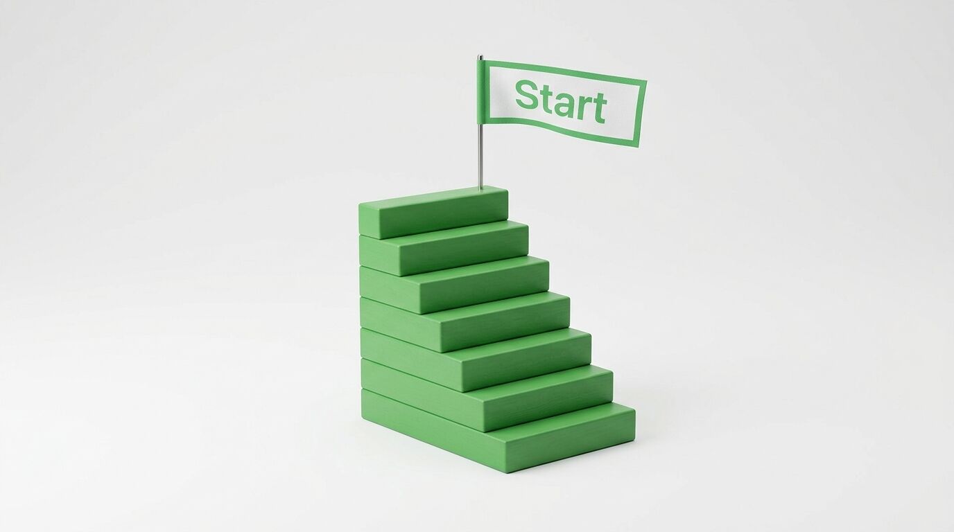 Grüne Treppe mit einer Flagge und dem Text „Start“