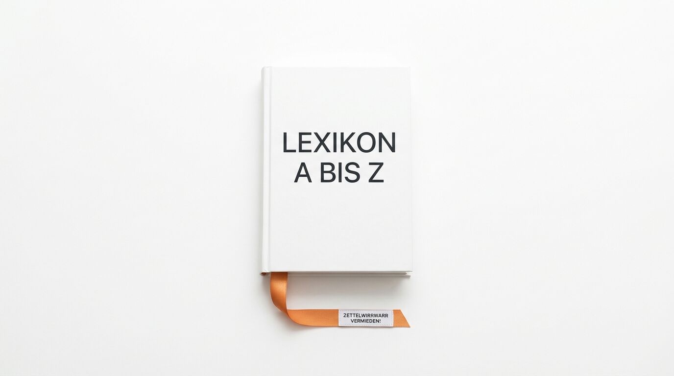 Ein weißes Buch mit dem Titel LEXIKON A BIS Z und einem orangefarbenen Lesezeichen