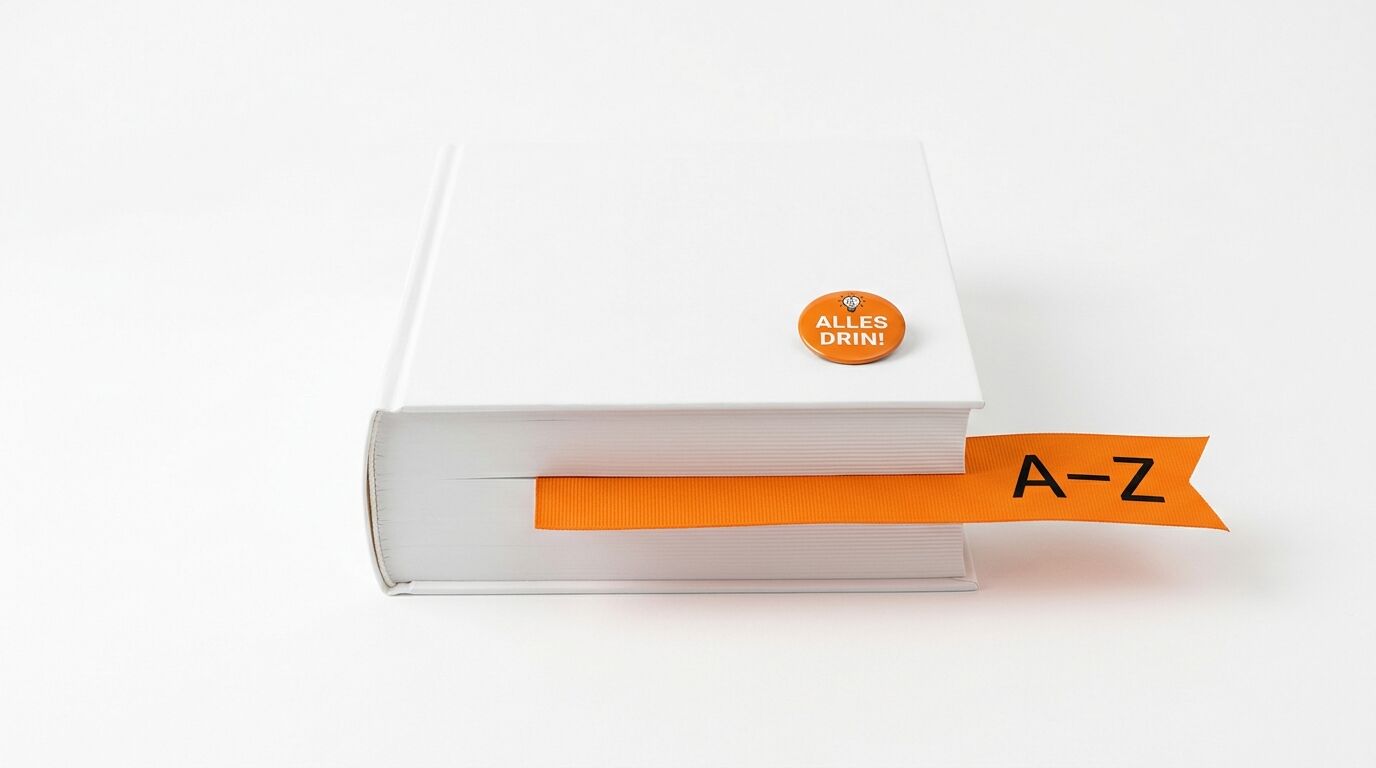 Ein weißes Buch mit orangefarbenem Lesezeichenband, beschriftet mit „A–Z“, und einem Ansteckbutton mit der Aufschrift „ALLES DRIN!“