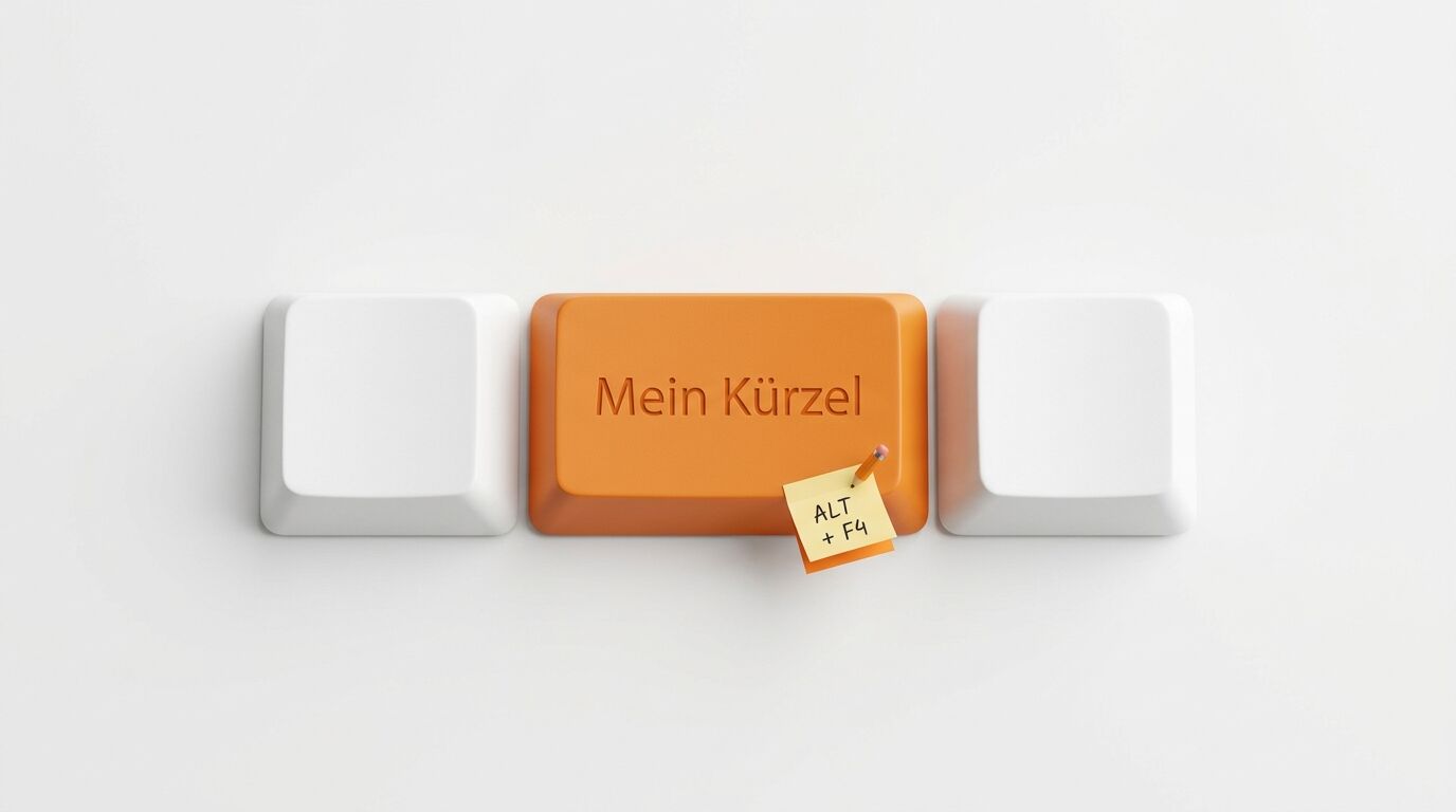 Drei Tasten, mittig orange mit „Mein Kürzel“, gelber Notiz mit „ALT + F4“ und Stift