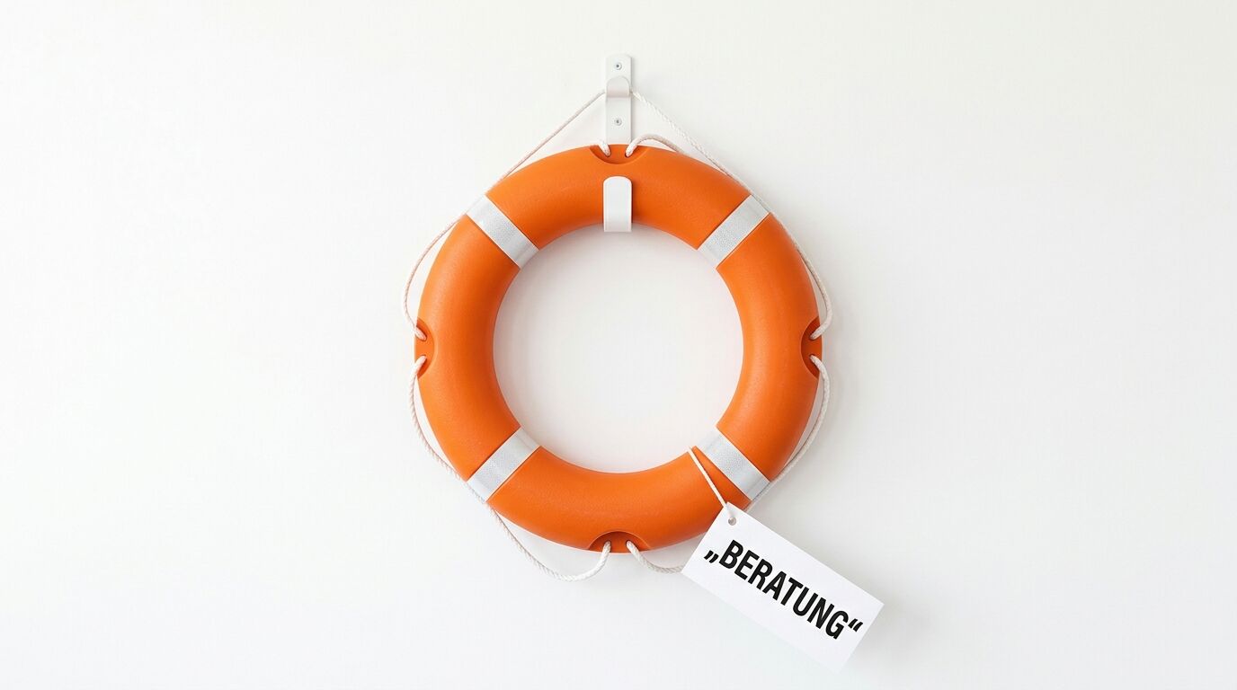 Ein Rettungsring an einer Wand mit dem Schild „BERATUNG“ in Anführungszeichen