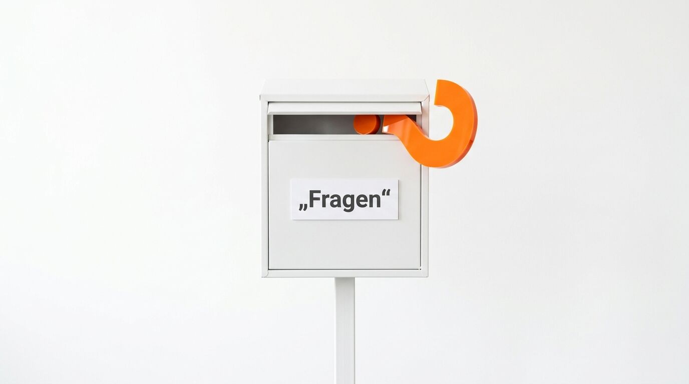 Ein weißer Briefkasten mit der Aufschrift „Fragen“, aus dem ein orangefarbenes Fragezeichen ragt