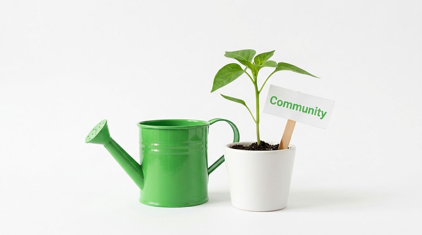 Grüne Gießkanne neben Pflanze im weißen Topf mit „Community“-Schildchen auf weißem Grund