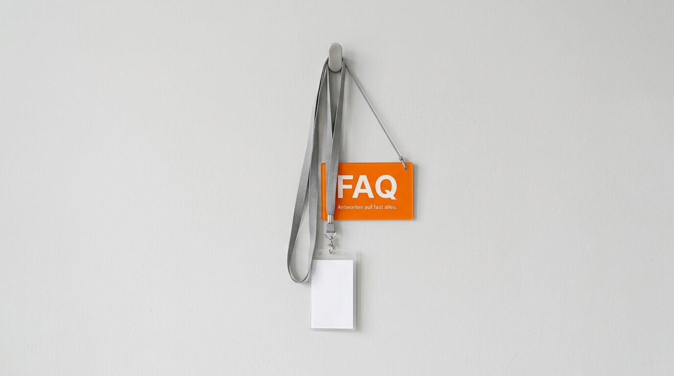 Ausweis an grauem Lanyard und orangefarbenes Schild „FAQ Antworten auf fast alles.“ an einem Haken
