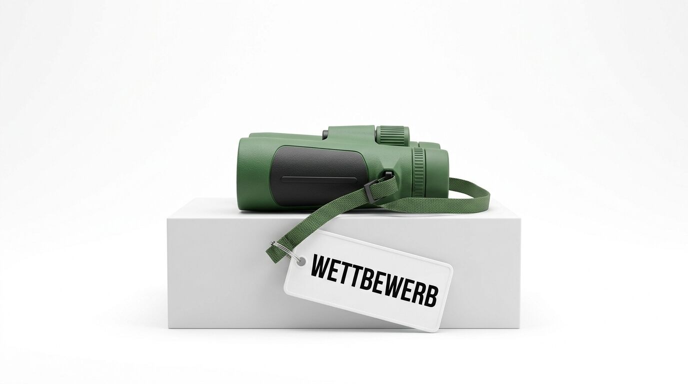 Grünes Fernglas auf weißem Podest mit Schild 'WETTBEWERB'