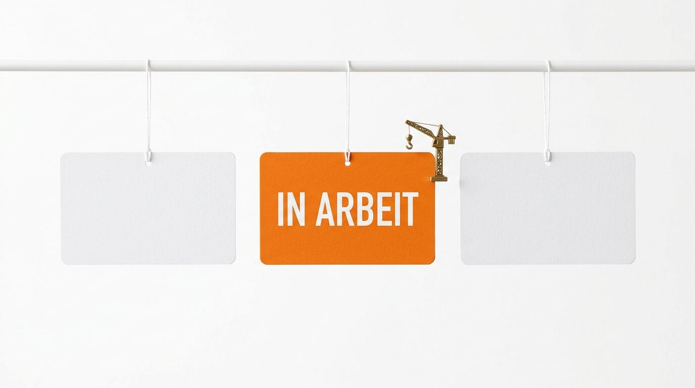 Oranges Schild „IN ARBEIT“ zwischen zwei weißen, flankiert von Miniatur-Kran auf weißem Grund