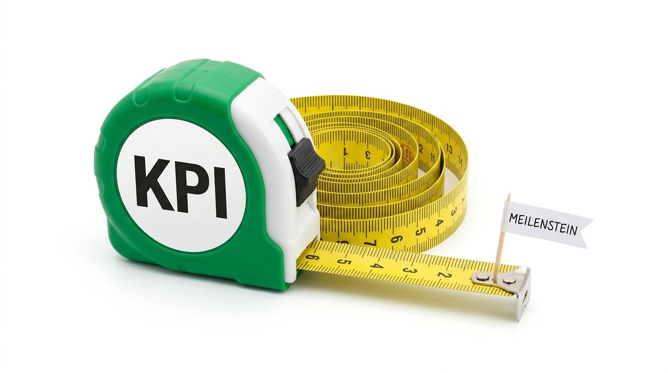 Maßband mit „KPI“-Aufkleber und eine Fahne mit der Aufschrift „MEILENSTEIN“ auf dem Band