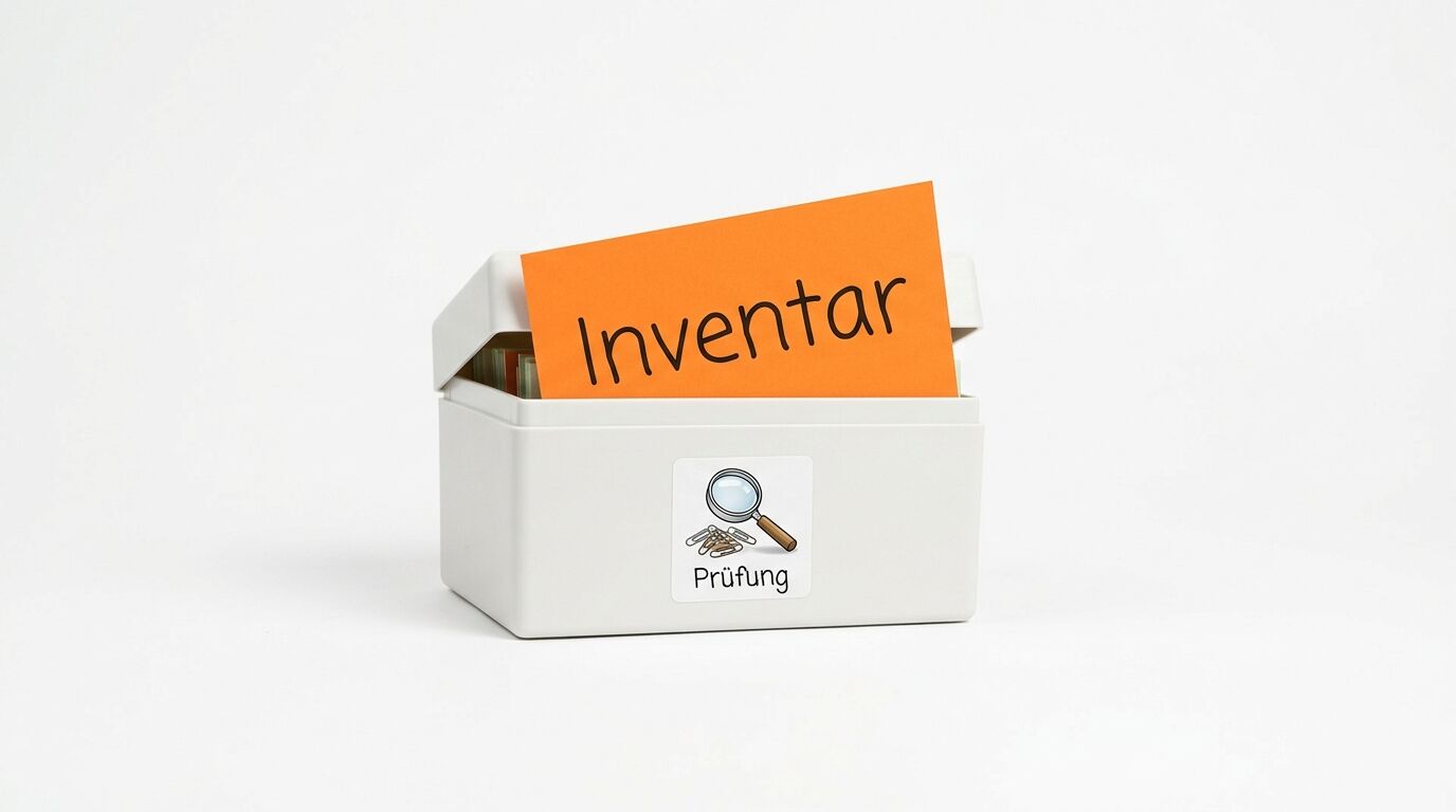 Geöffnete weiße Box mit Aufschrift „Prüfung“, darin orange Karte mit Text „Inventar“