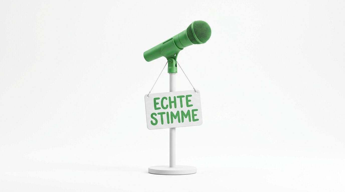 Ein grünes Mikrofon auf einem Ständer mit einem Schild „ECHTE STIMME“