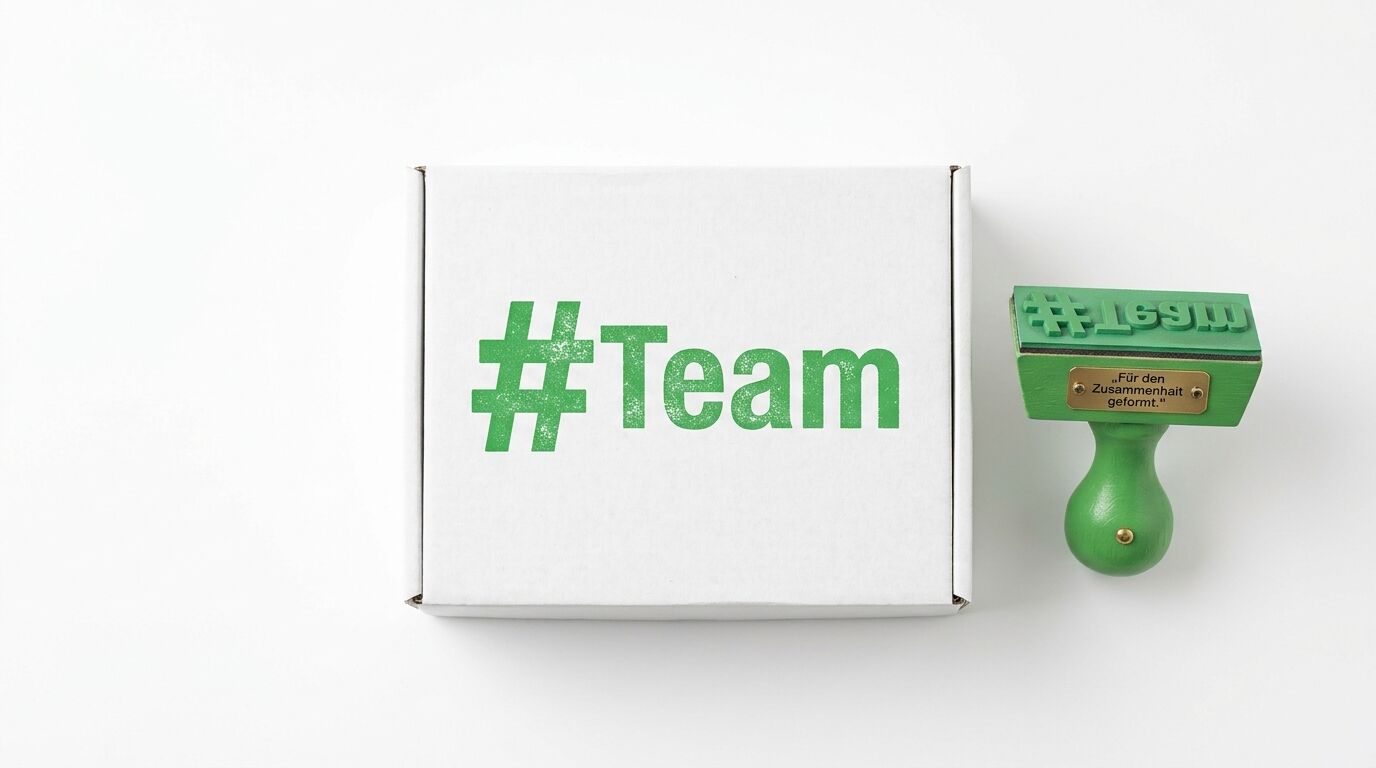Karton mit Aufdruck „#Team“ und grüner Holzstempel auf hellem Hintergrund