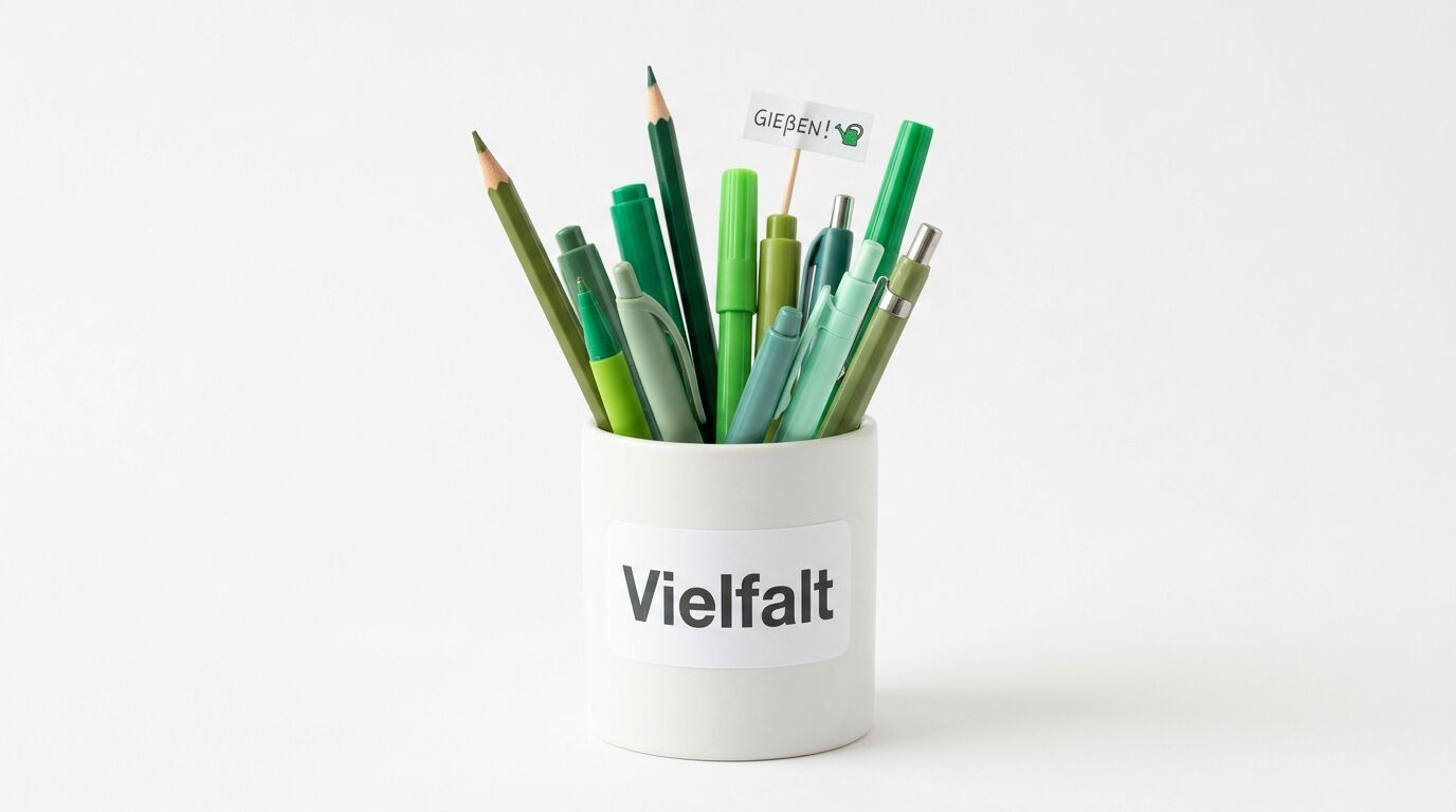 Stifteköcher mit grünen Schreibgeräten und Gießen!-Fähnchen, beschriftet mit Vielfalt