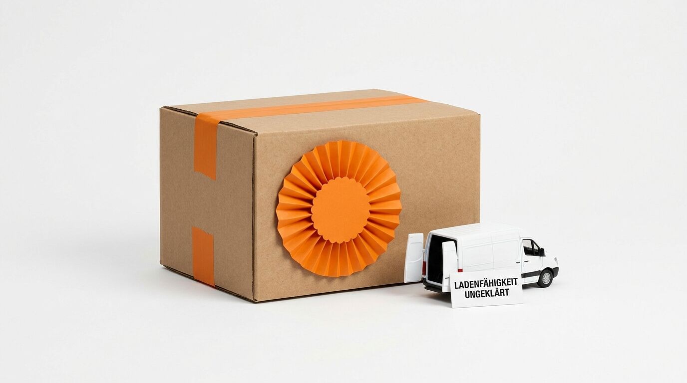 Karton mit orangefarbener Rosette und Transporter-Modell mit Textschild davor