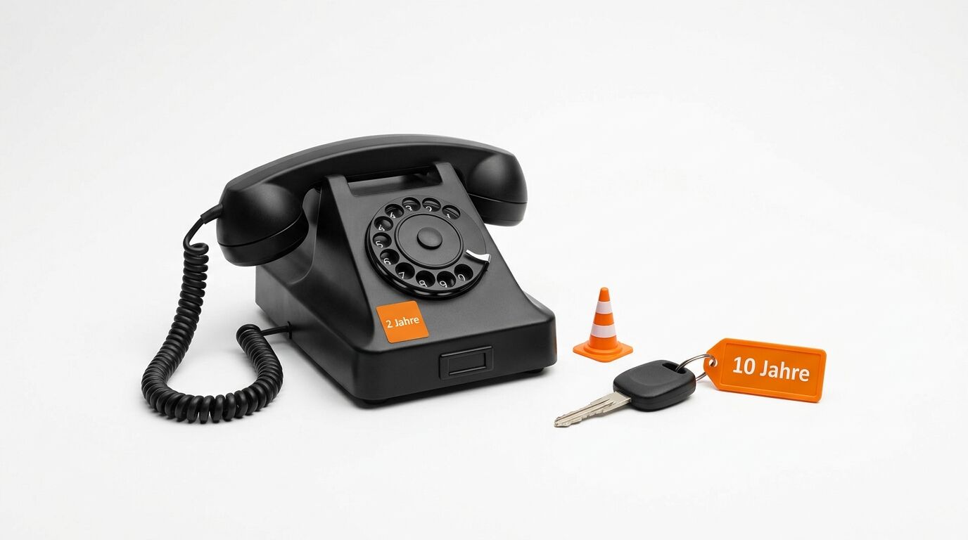 Altes Telefon (2 Jahre), Pylone und Schlüssel (10 Jahre) auf weißem Hintergrund