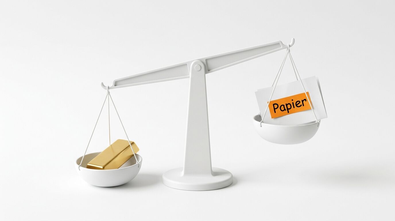 Waage: Goldbarren links unten, Zettel mit Aufschrift „Papier“ rechts oben